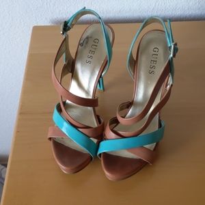 Guess tan and teal heels